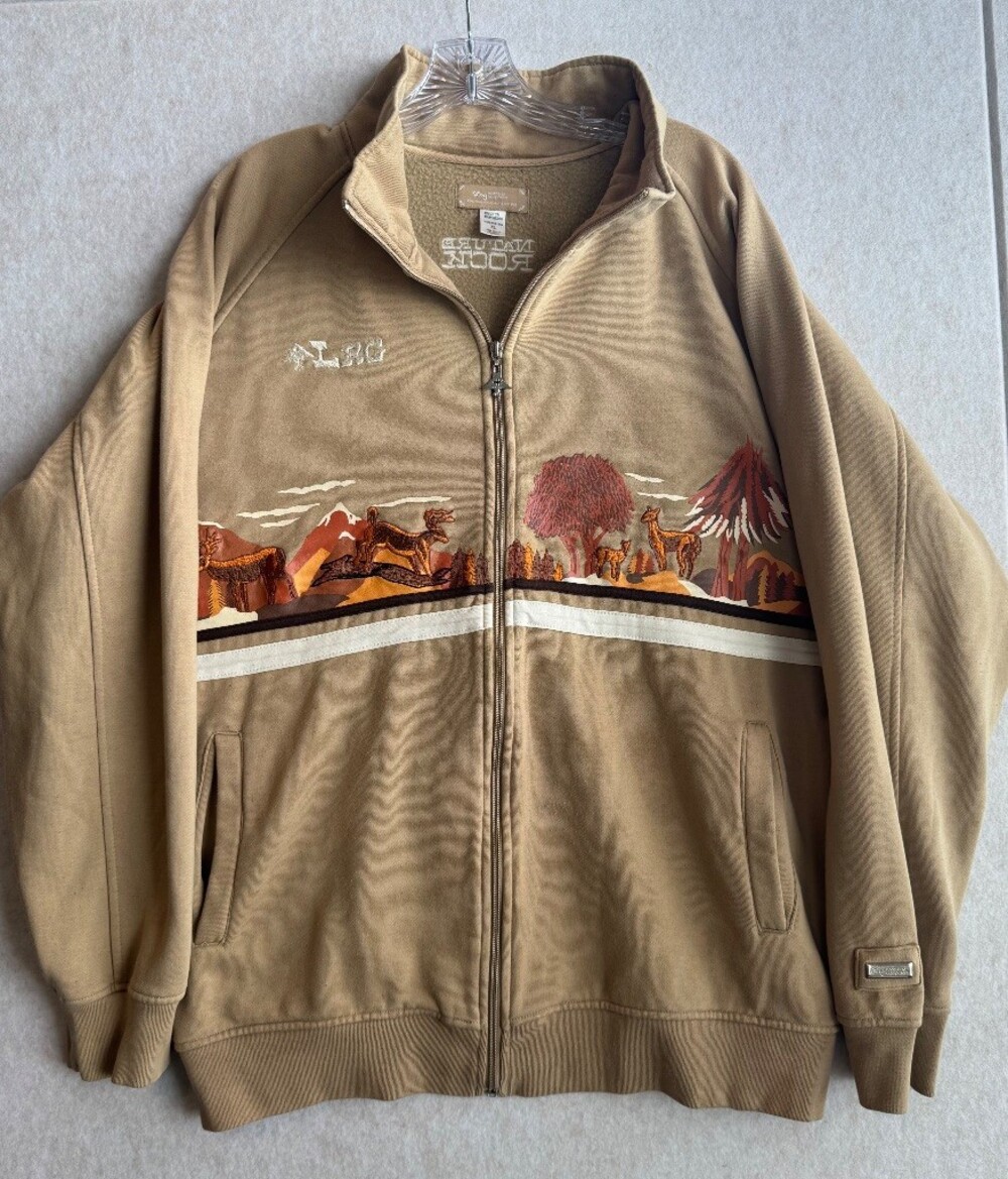 LRG Nature Rock 2pc Set Tan Full Zip Jacket & Sweatpants Wildlife Embroidered XL
